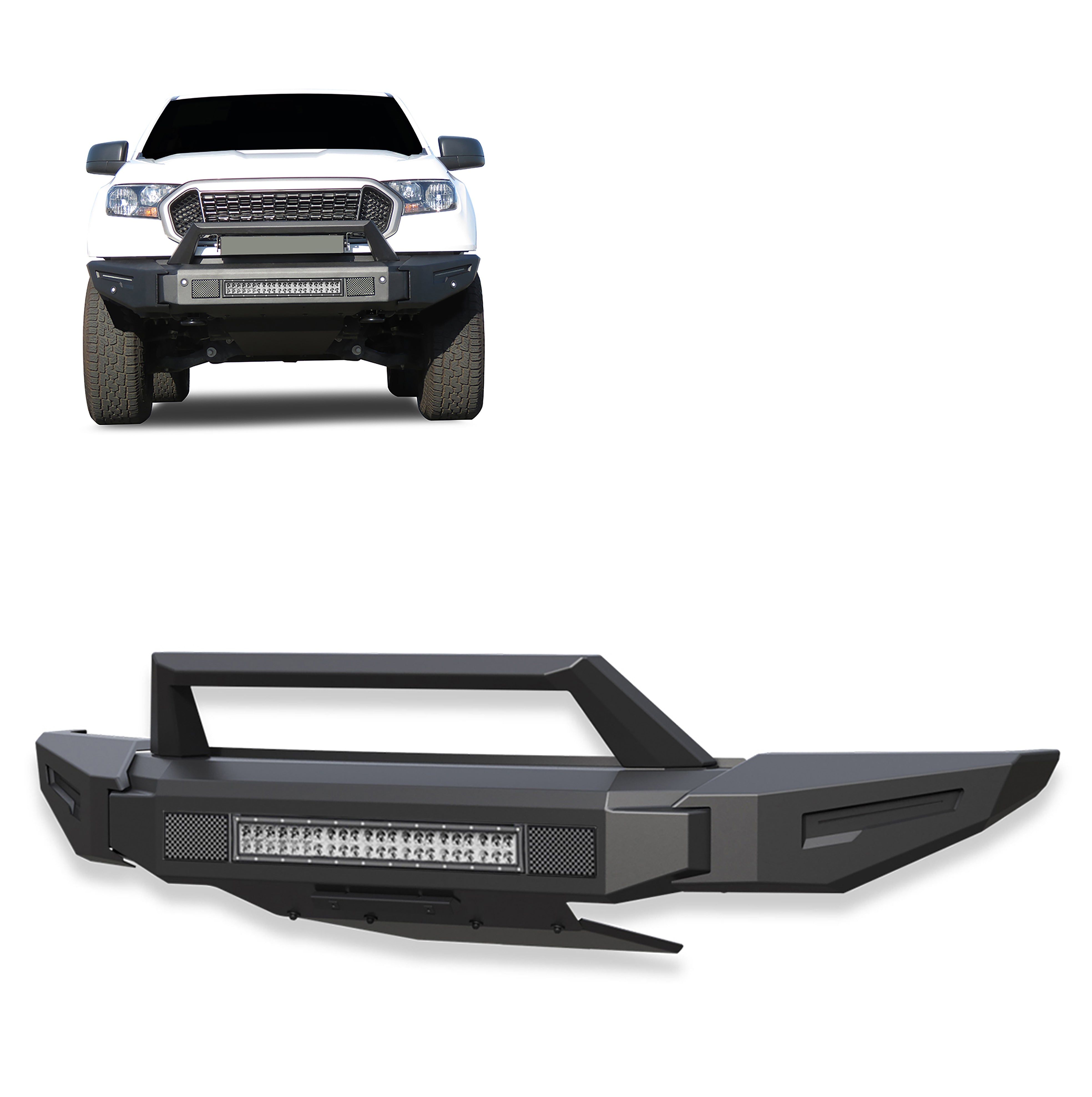 2019-2023 Ford Ranger Armour Ii Heavy Duty Modular Front Bumper Kit Modular Full Set (Bumper, Bull Nose, & Skid Plate)& Includes 1 20in Double Row LED Light Bar | Black Horse Off Road - Image 1