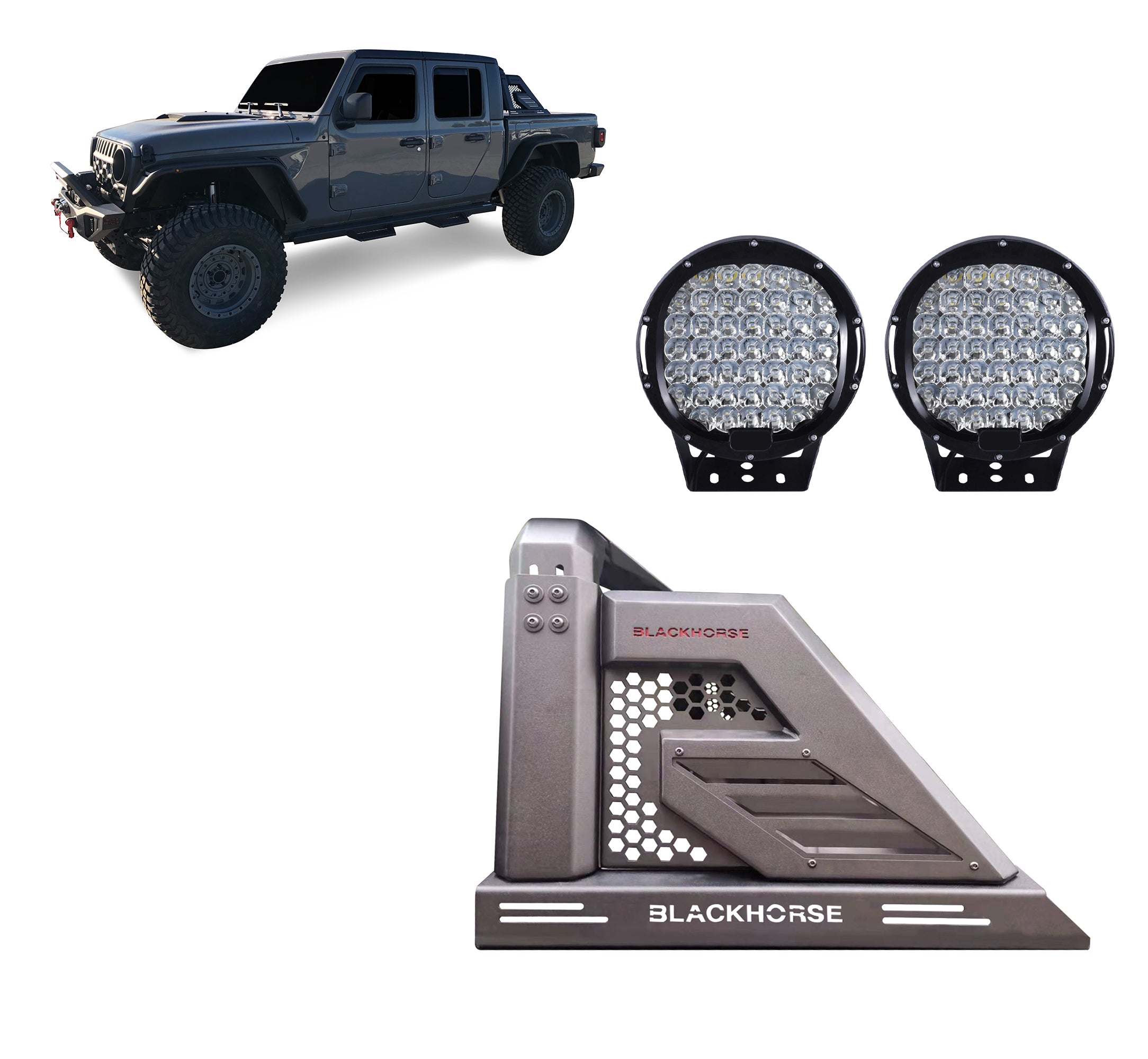 2019-2026 Jeep Gladiator Armour Ii Roll Bar Kit W/ Set of 9" Black Round LED Light | Black Horse Off Road - Image 1