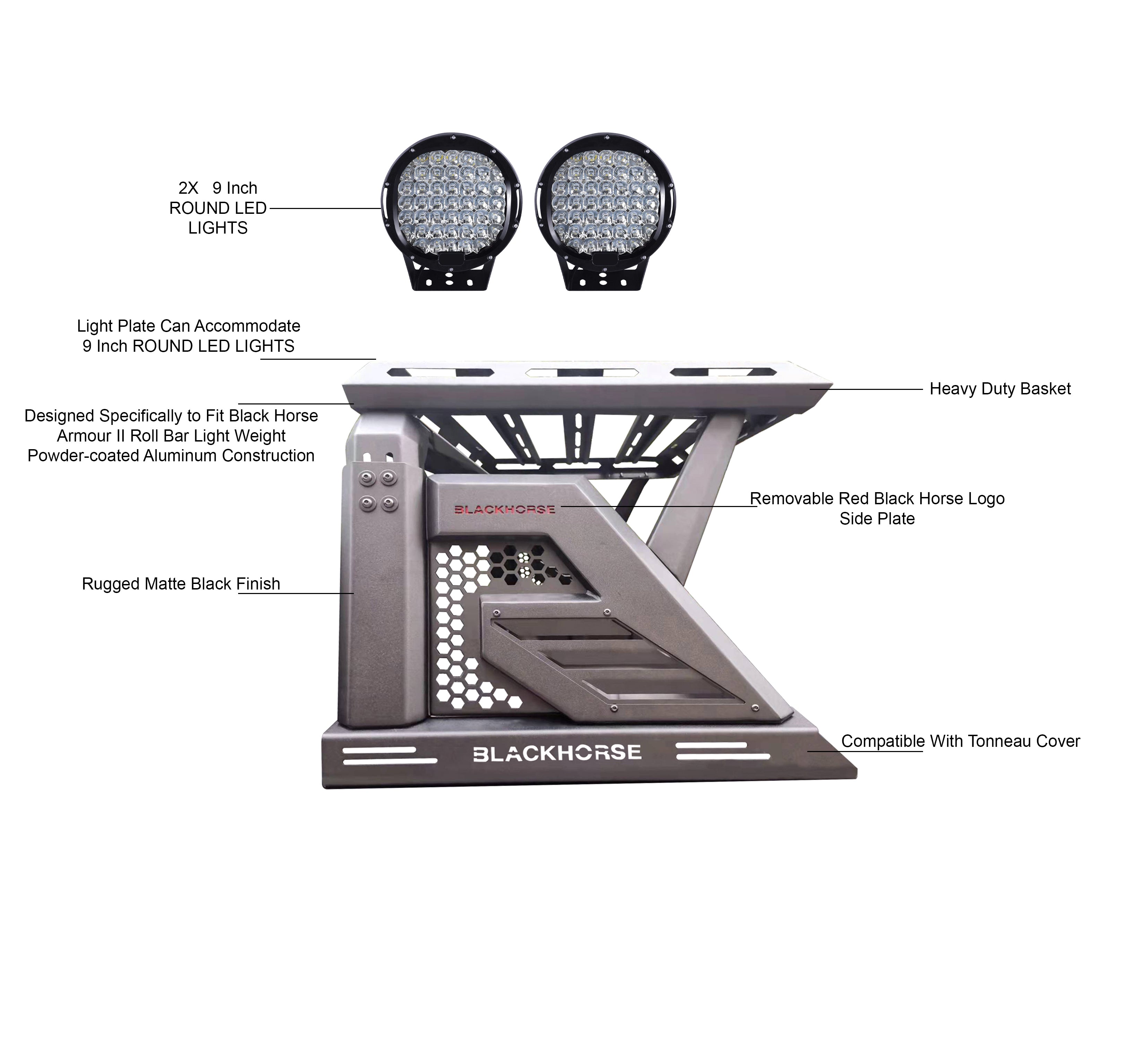 2019-2026 Jeep Gladiator Armour Ii Roll Bar W/Basket Kit 2nd Box: 51.57*4.72*19.68 inch W/ Set of 9" Black Round LED Light | Black Horse Off Road - Image 2