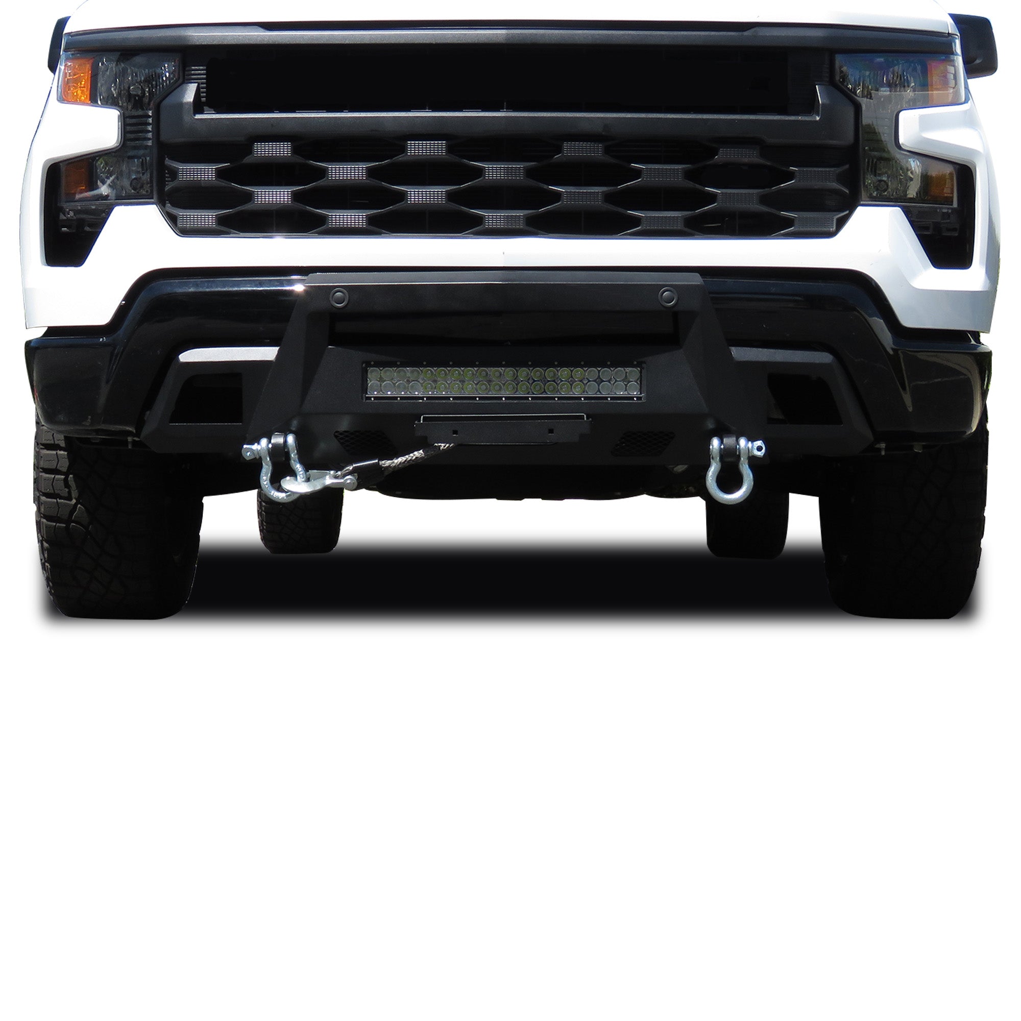 2022-2026 Chevrolet Silverado 1500 Armour Iii Heavy Duty Front Winch Bumper Kit & Winch Comes with 20" Single Row Light Bar & 12K Synthetic Rope Winch | Black Horse Off Road - Image 1