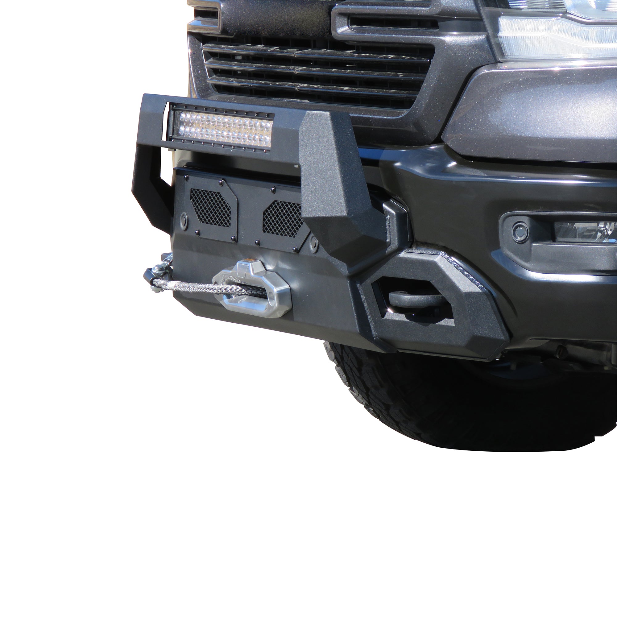 2019-2024 Dodge Ram 1500 Armour Iii Heavy Duty Front Winch Bumper Kit & Winch Comes with 20" Single Row Light Bar & 12K Synthetic Rope Winch | Black Horse Off Road - Image 1