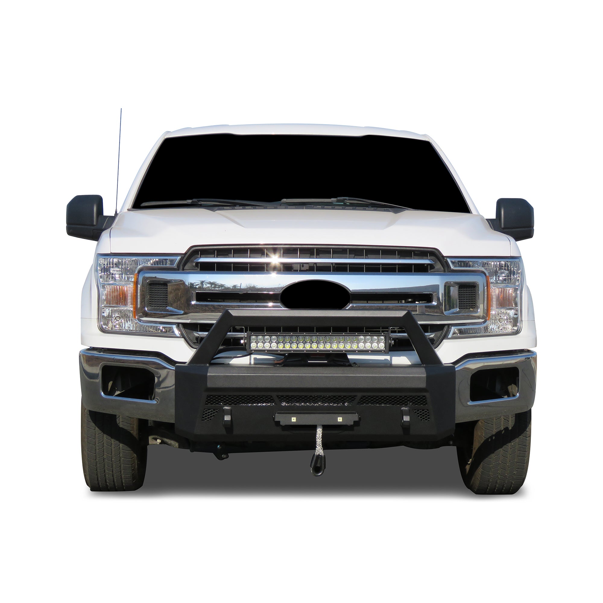 2018-2020 Ford F-150 Armour Iii Heavy Duty Front Winch Bumper Kit & Winch Comes with 20" Single Row Light Bar & 12K Synthetic Rope Winch | Black Horse Off Road - Image 1