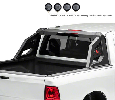 2005-2021 Nissan Frontier Armour Roll Bar Kit 2 sets of 5.3" Dia.  Black LED Flood Lights w/ Harness and Switch | Black Horse Off Road - Image 1