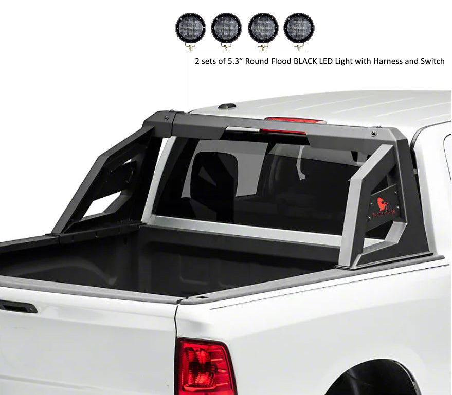 2005-2021 Nissan Frontier Armour Roll Bar Kit 2 sets of 5.3" Dia.  Black LED Flood Lights w/ Harness and Switch | Black Horse Off Road - Image 1