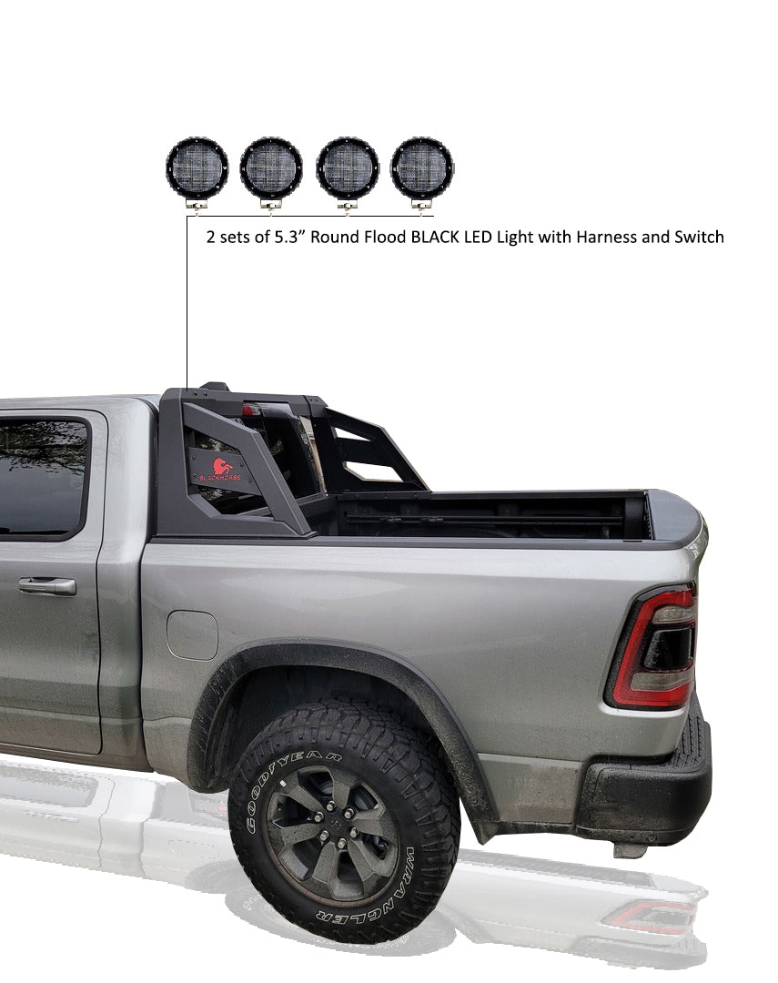 2005-2021 Nissan Frontier Armour Roll Bar Kit 2 sets of 5.3" Dia.  Black LED Flood Lights w/ Harness and Switch | Black Horse Off Road - Image 7