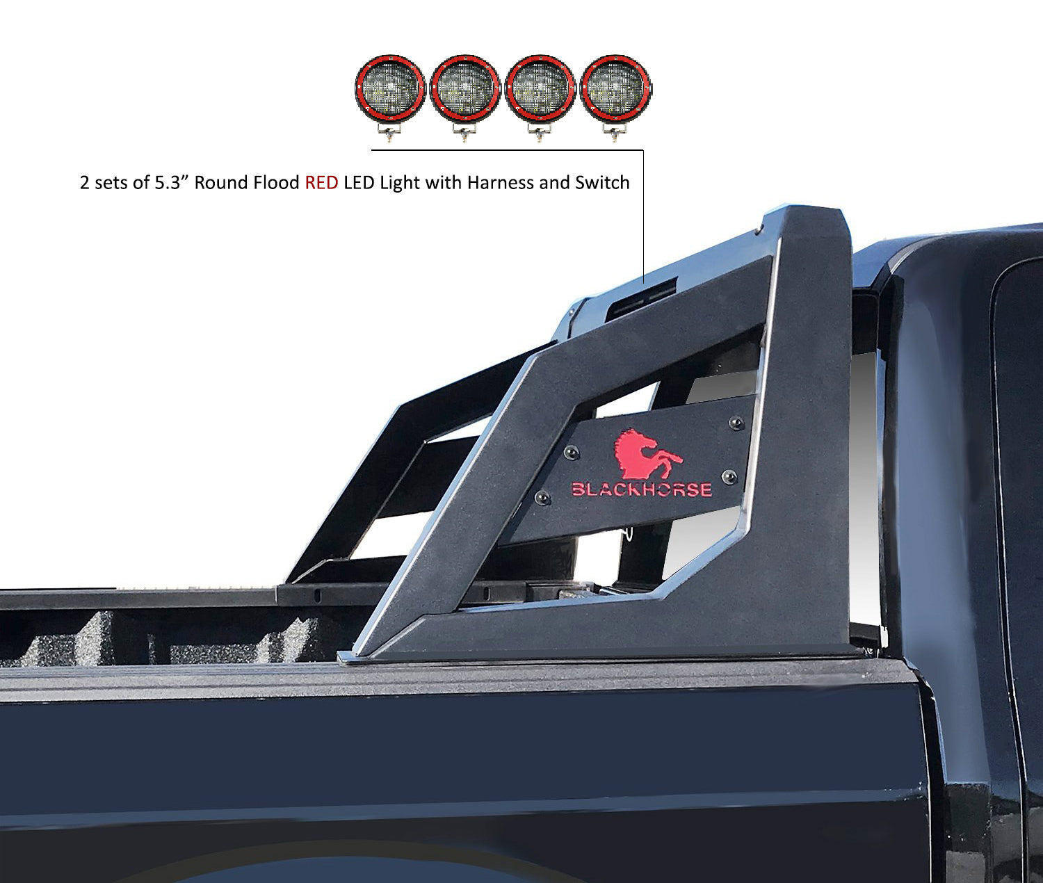 2005-2021 Nissan Frontier Armour Roll Bar Kit 2 sets of 5.3" Dia.  Black LED Flood Lights w/ Harness and Switch | Black Horse Off Road - Image 9