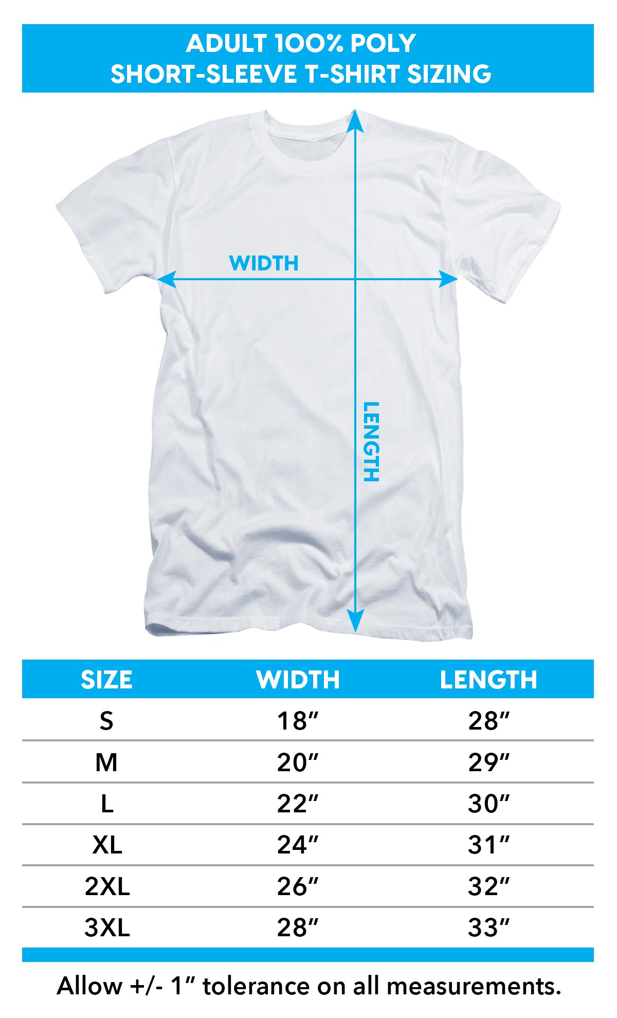 Adult poly t-shirt size chart