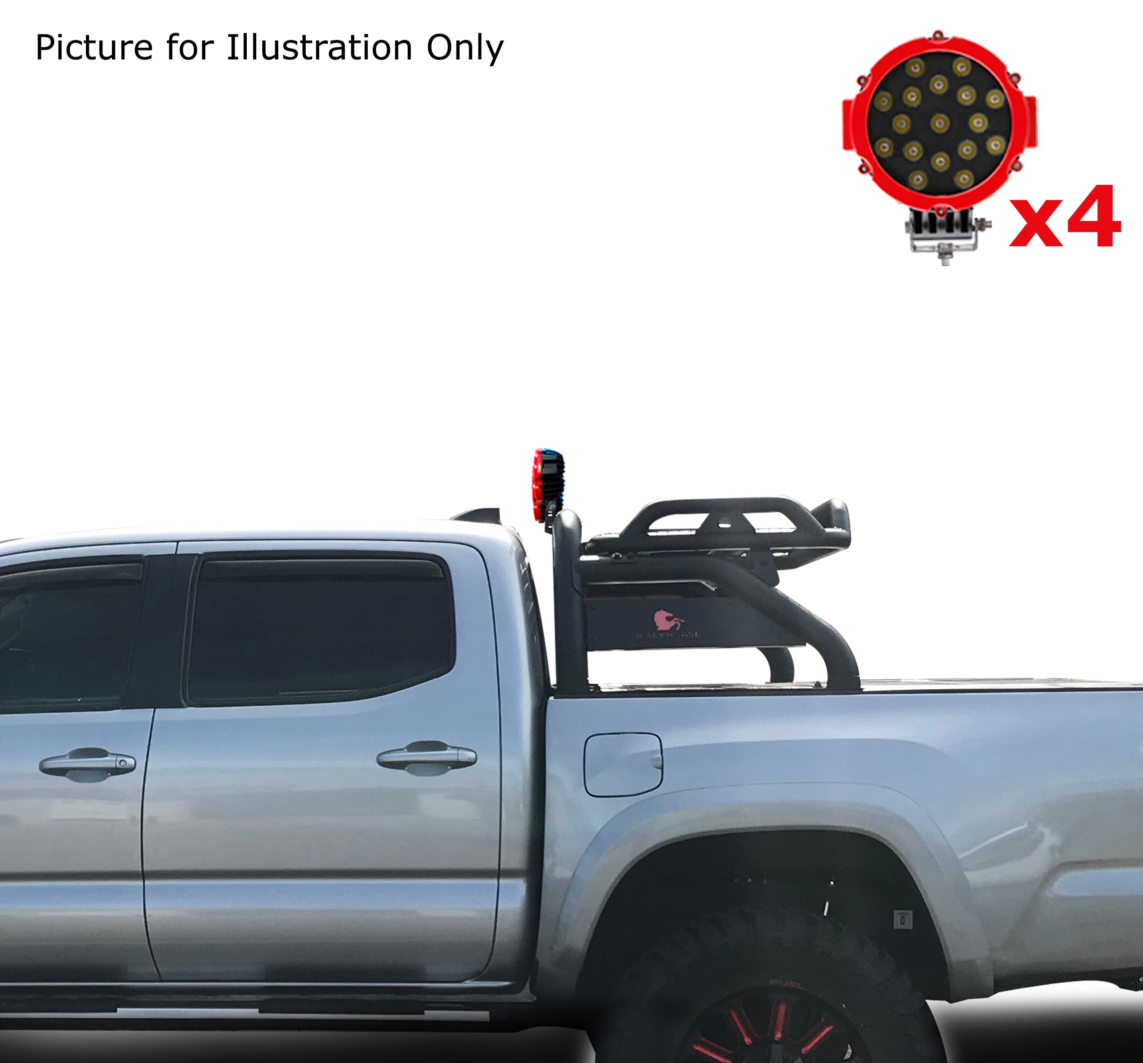 2015-2026 Toyota Tacoma Atlas Roll Bar Kit Incl. 2 pairs of 7.0"Dia.  LED  Lights w/Red Trim Rings w/ Wiring Harness and Switch | Black Horse Off Road - Image 1