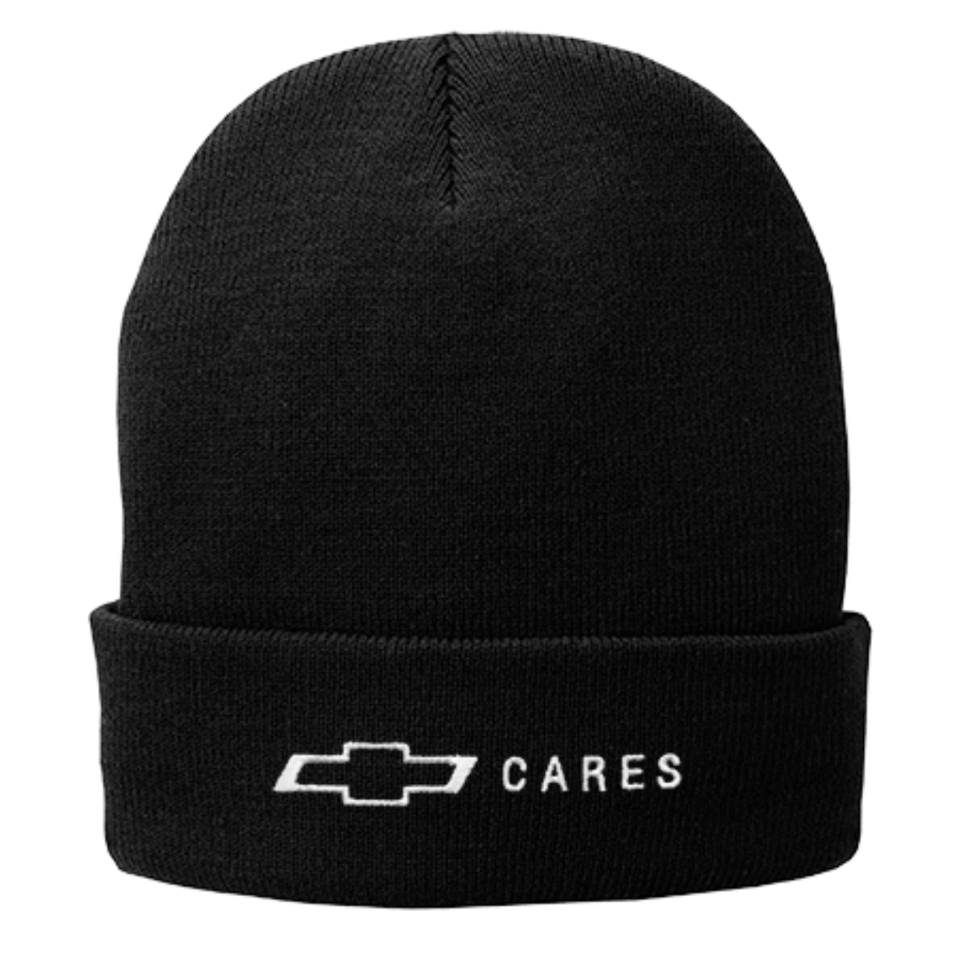 Black Chevy Cares fleece-lined knit cap with the logo across the cuff