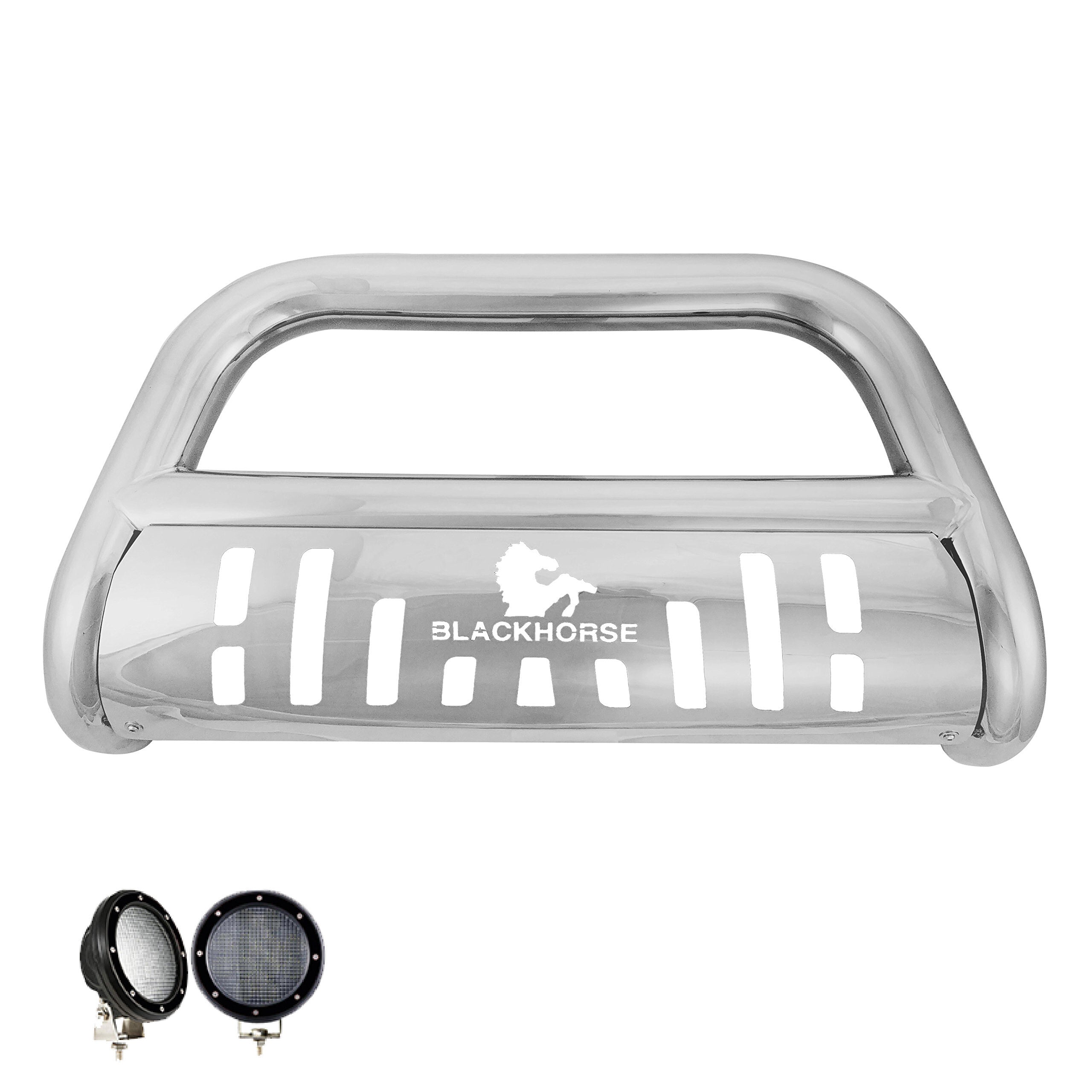 2006-2008 Dodge Ram Ram 1500 Bull Bar Kit Skid Plate Pair  of 5.3" Dia. LED Flood Lights w/ Black Trim Rings Wiring Harness  and Switch | Black Horse Off Road - Image 1