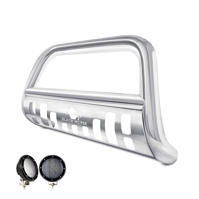 2006-2008 Dodge Ram Ram 1500 Bull Bar Kit Skid Plate Pair  of 5.3" Dia. LED Flood Lights w/ Black Trim Rings Wiring Harness  and Switch | Black Horse Off Road - Image 2