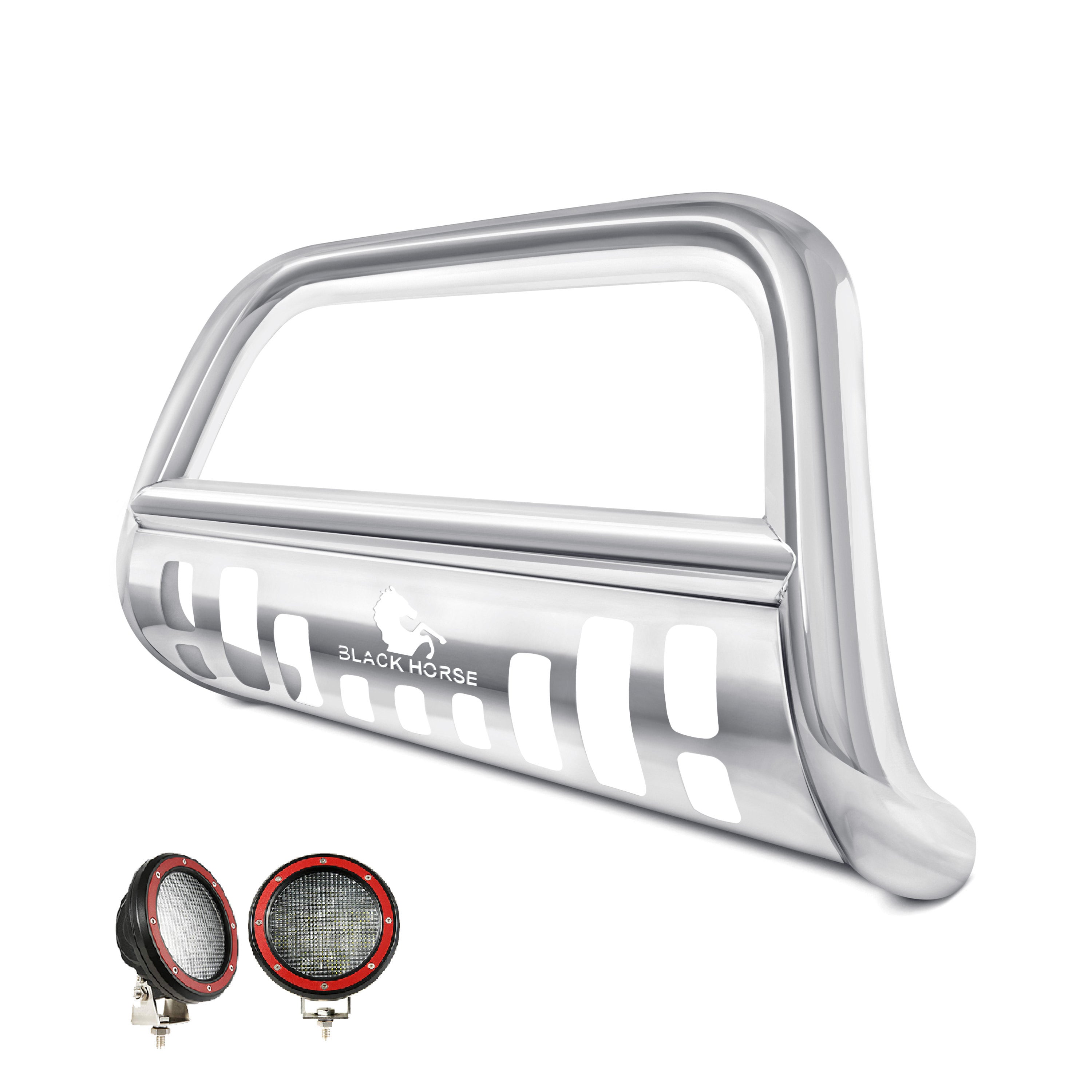 2006-2008 Dodge Ram Ram 1500 Bull Bar Kit Skid Plate Pair  of 5.3" Dia. LED Flood Lights w/ Red Trim Rings Wiring Harness  and Switch | Black Horse Off Road - Image 2