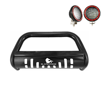 2004-2015 Nissan Armada Bull Bar Kit Skid Plate Pair  of 5.3" Dia. LED Flood Lights w/ Red Trim Rings Wiring Harness  and Switch | Black Horse Off Road - Image 1