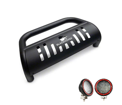 2004-2015 Nissan Armada Bull Bar Kit Skid Plate Pair  of 5.3" Dia. LED Flood Lights w/ Red Trim Rings Wiring Harness  and Switch | Black Horse Off Road - Image 2