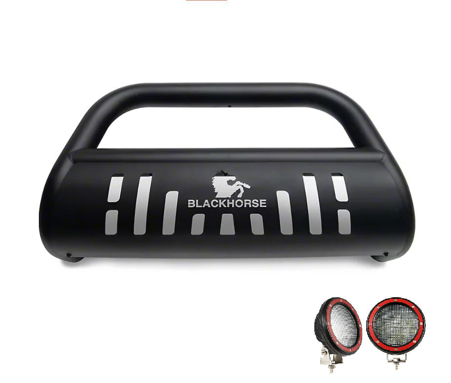 2004-2015 Nissan Armada Bull Bar Kit Skid Plate Pair  of 5.3" Dia. LED Flood Lights w/ Red Trim Rings Wiring Harness  and Switch | Black Horse Off Road - Image 3