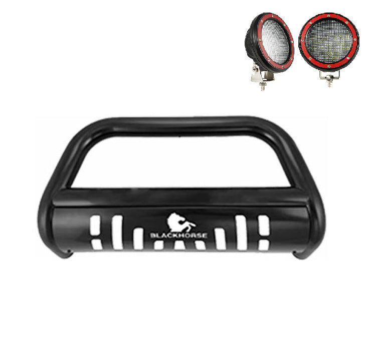 2004-2015 Nissan Armada Bull Bar Kit Skid Plate Pair  of 5.3" Dia. LED Flood Lights w/ Red Trim Rings Wiring Harness  and Switch | Black Horse Off Road - Image 4