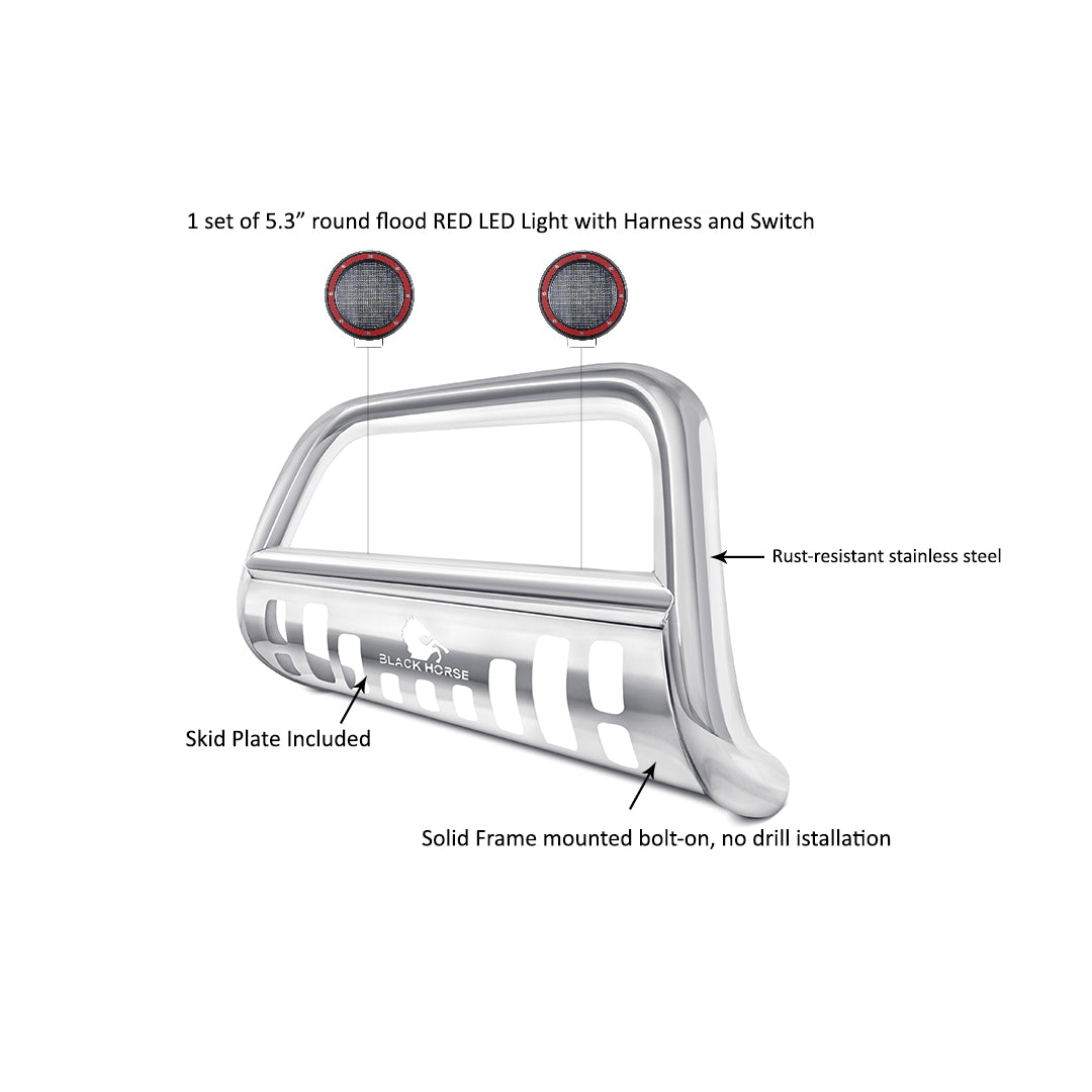 2010-2018 Dodge Ram 2500 Bull Bar Kit Skid Plate Pair  of 5.3" Dia. LED Flood Lights w/ Red Trim Rings Wiring Harness  and Switch | Black Horse Off Road - Image 3