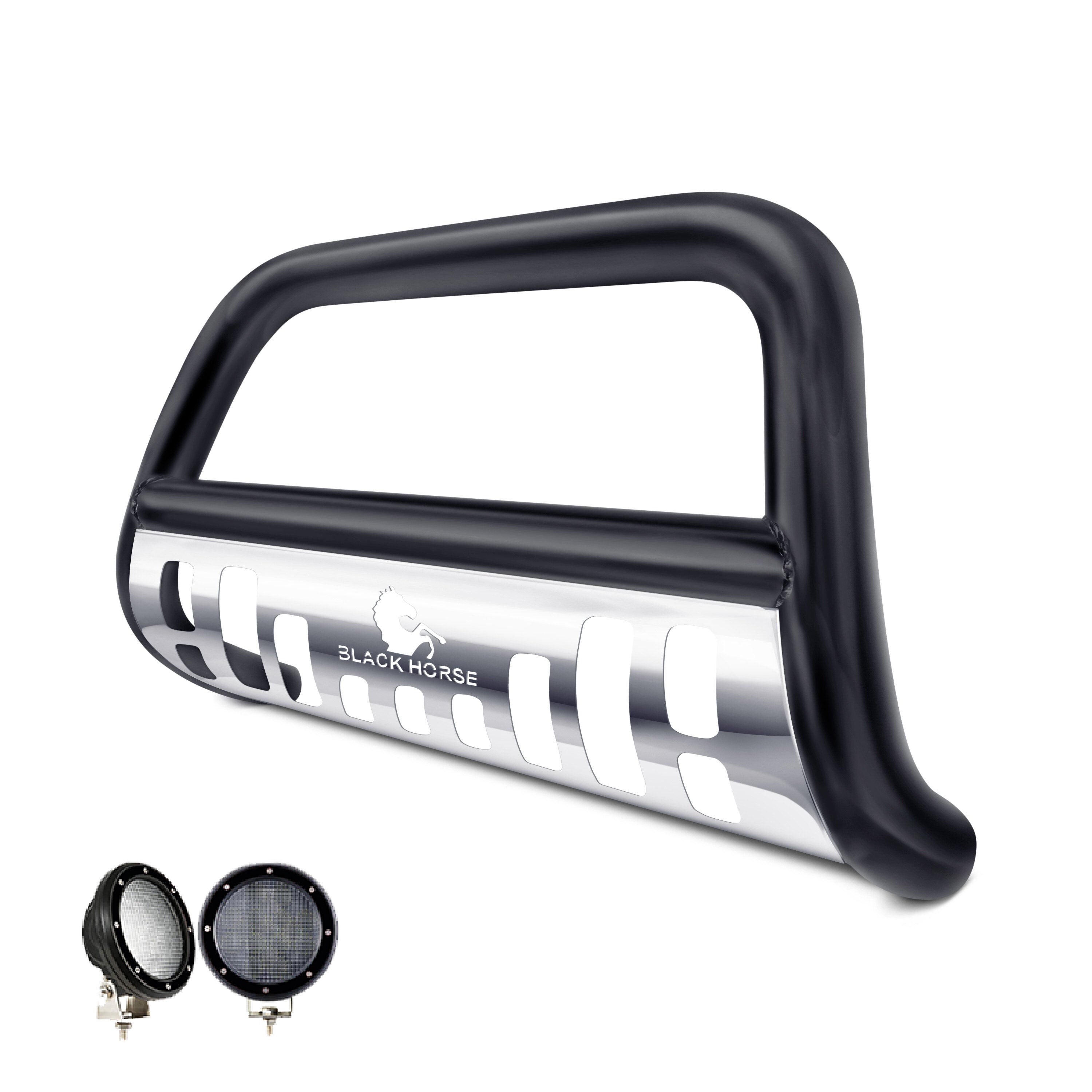 2009-2024 Dodge Ram 1500 Bull Bar Kit Skid Plate Pair  of 5.3" Dia. LED Flood Lights w/ Black Trim Rings Wiring Harness  and Switch | Black Horse Off Road - Image 2