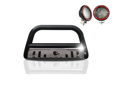 2009-2024 Dodge Ram 1500 Bull Bar Kit Skid Plate Pair  of 5.3" Dia. LED Flood Lights w/ Red Trim Rings Wiring Harness  and Switch | Black Horse Off Road - Image 1