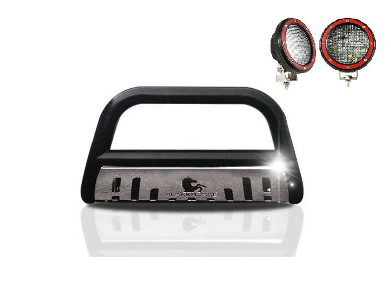 2007-2022 Lexus Lx570 / Toyota Land Cruiser Bull Bar Kit Skid Plate Pair  of 5.3" Dia. LED Flood Lights w/ Red Trim Rings Wiring Harness  and Switch | Black Horse Off Road - Image 2