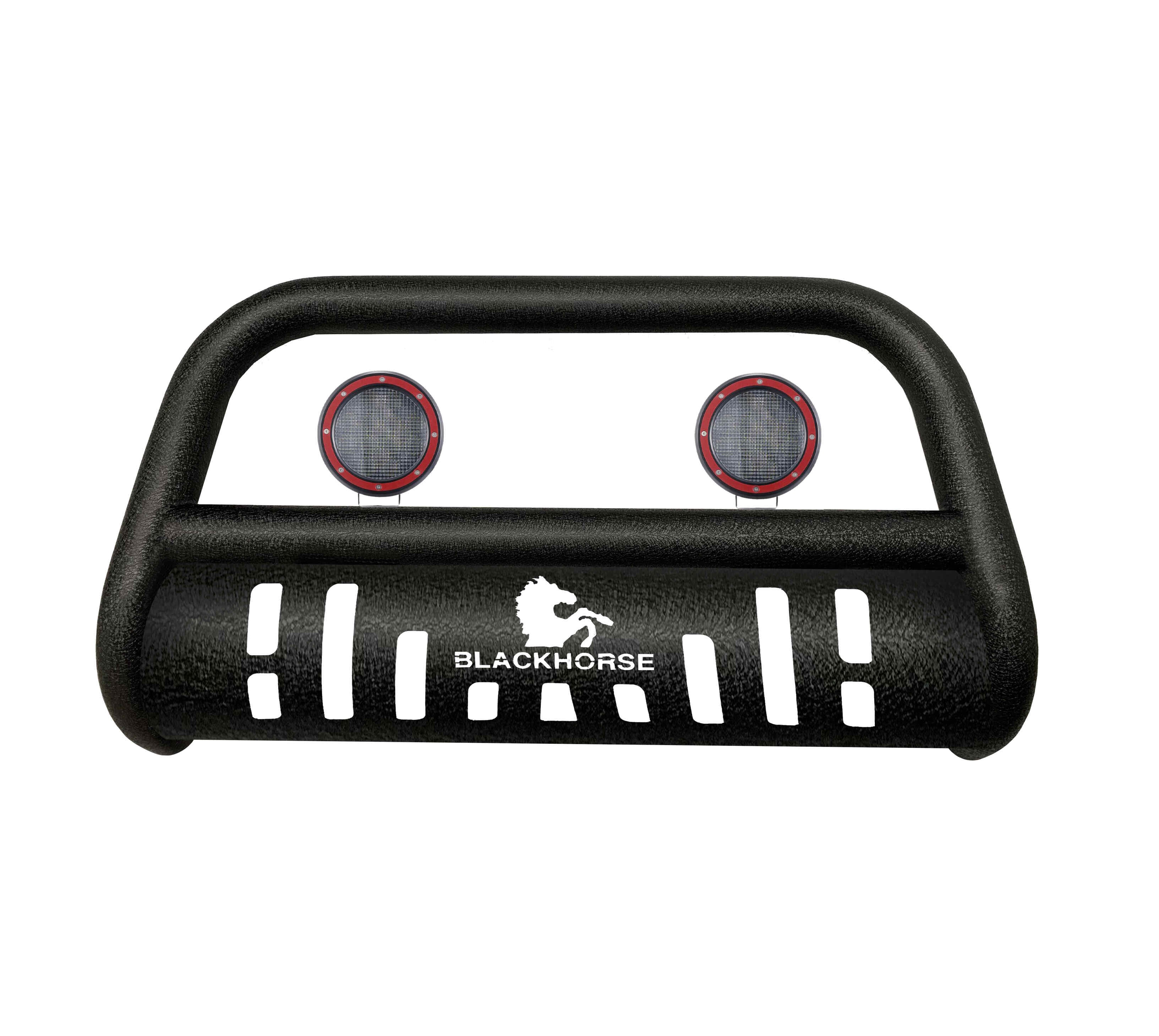 2009-2018 Dodge Ram 1500 Bull Bar-T Kit Pair  of 5.3" Dia. LED Flood Lights w/ Red Trim Rings Wiring Harness  and Switch | Black Horse Off Road - Image 1