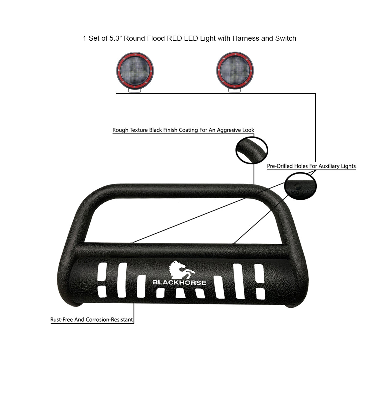 2009-2018 Dodge Ram 1500 Bull Bar-T Kit Pair  of 5.3" Dia. LED Flood Lights w/ Red Trim Rings Wiring Harness  and Switch | Black Horse Off Road - Image 3