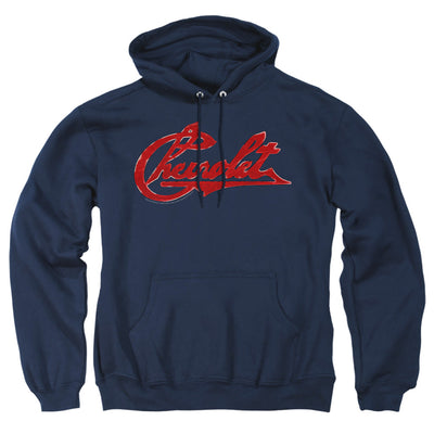 Chevrolet Script Distressed-Adult Pullover Hoodie-Navy