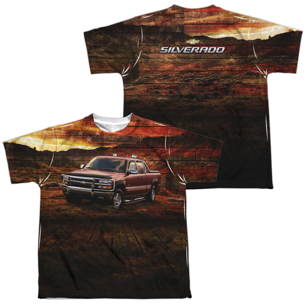 Chevrolet Silverado in the Mud (Front/Back Print)-Youth Short Sleeve 100% Poly-White