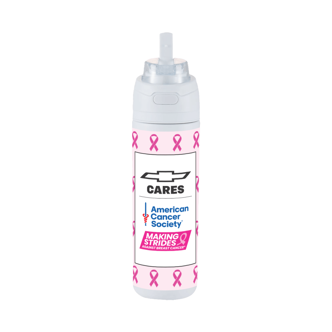 Chevy Cares 28 oz flip straw bottle in light pink with ribbon pattern
