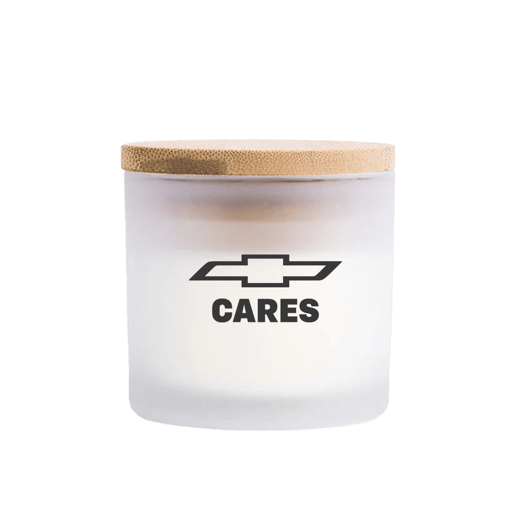 Chevy Cares mini soy candle in frosted glass with bamboo lid