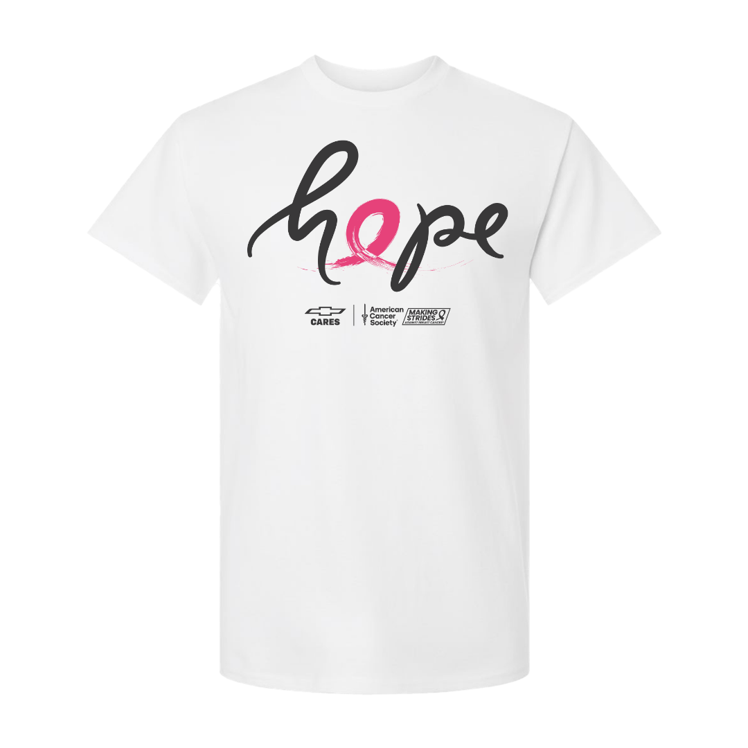 Chevy Cares Hope white t-shirt with a pink ribbon forming the letter o in hope script