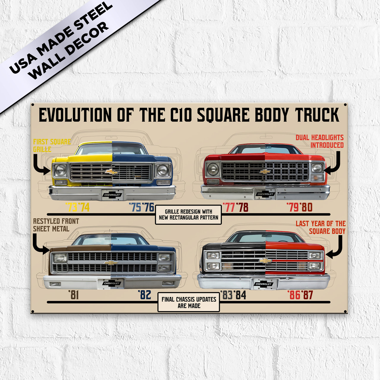 Chevrolet C10 Truck USA‑Made Steel Wall Décor 18” x 12” – Square Body Evolution Sign