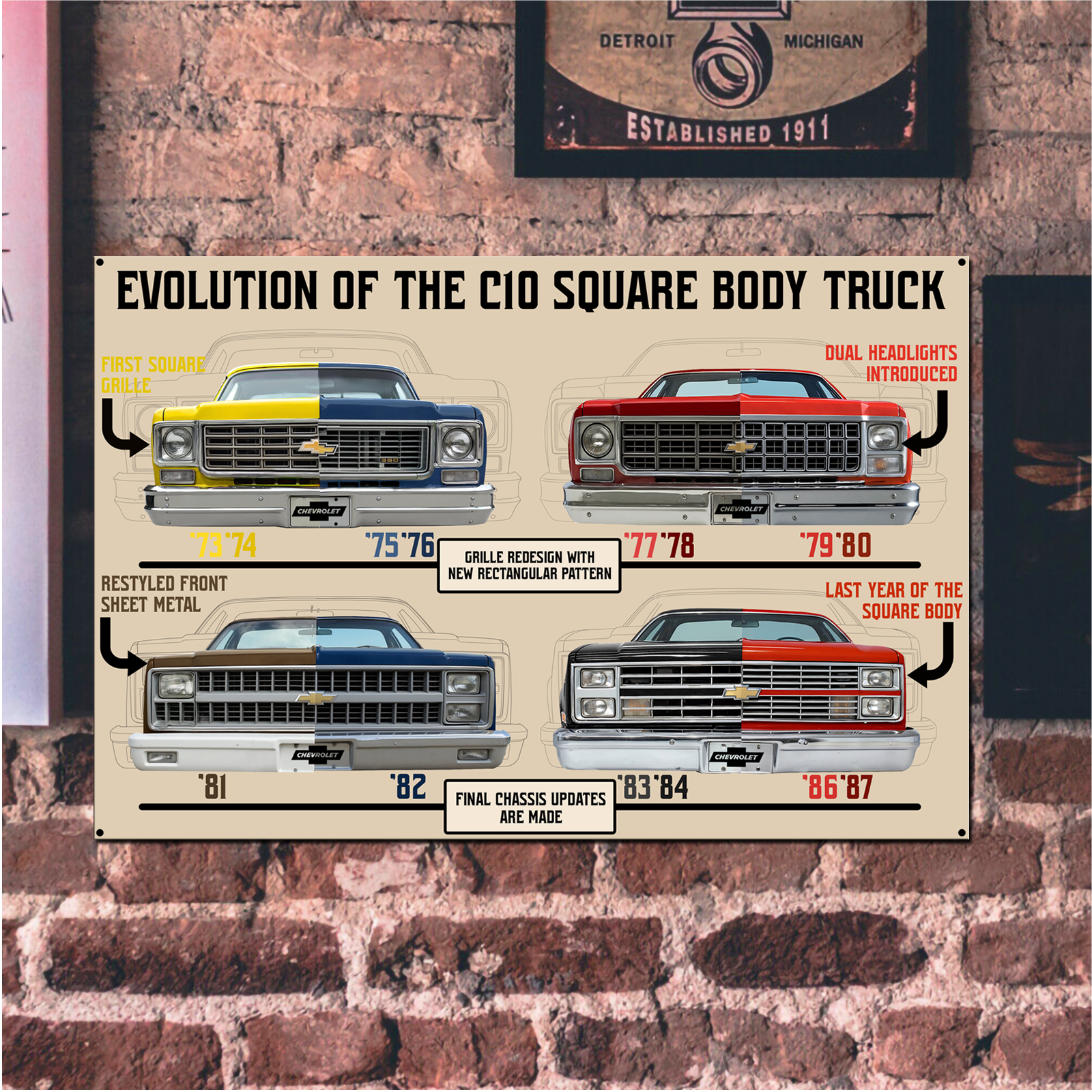 Chevrolet C10 Truck USA‑Made Steel Wall Décor 18” x 12” – Square Body Evolution Sign