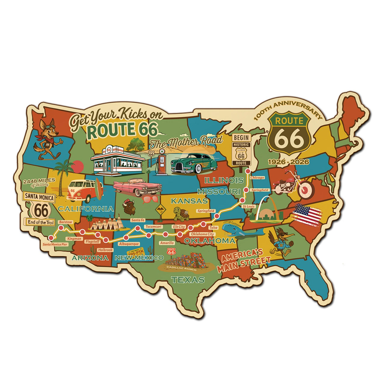 Legends of Route 66 USA Destination Map, 22 Gauge Metal Die Cut Wall Decor  100th Anniversary Edition-Made in the USA