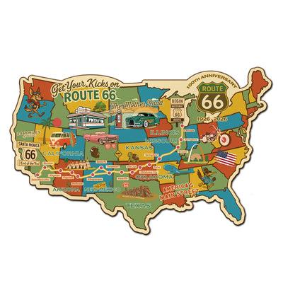 Legends of Route 66 USA Destination Map, 22 Gauge Metal Die Cut Wall Decor  100th Anniversary Edition-Made in the USA