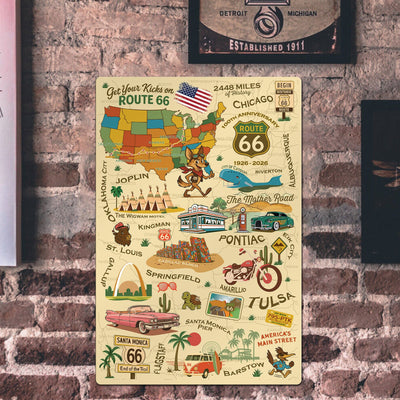 Legends of Route 66  with Mascots USA Made 22 Gauge 12 x 18 Metal Wall Decor– Sunbeltgifts® 100th Anniversary Edition