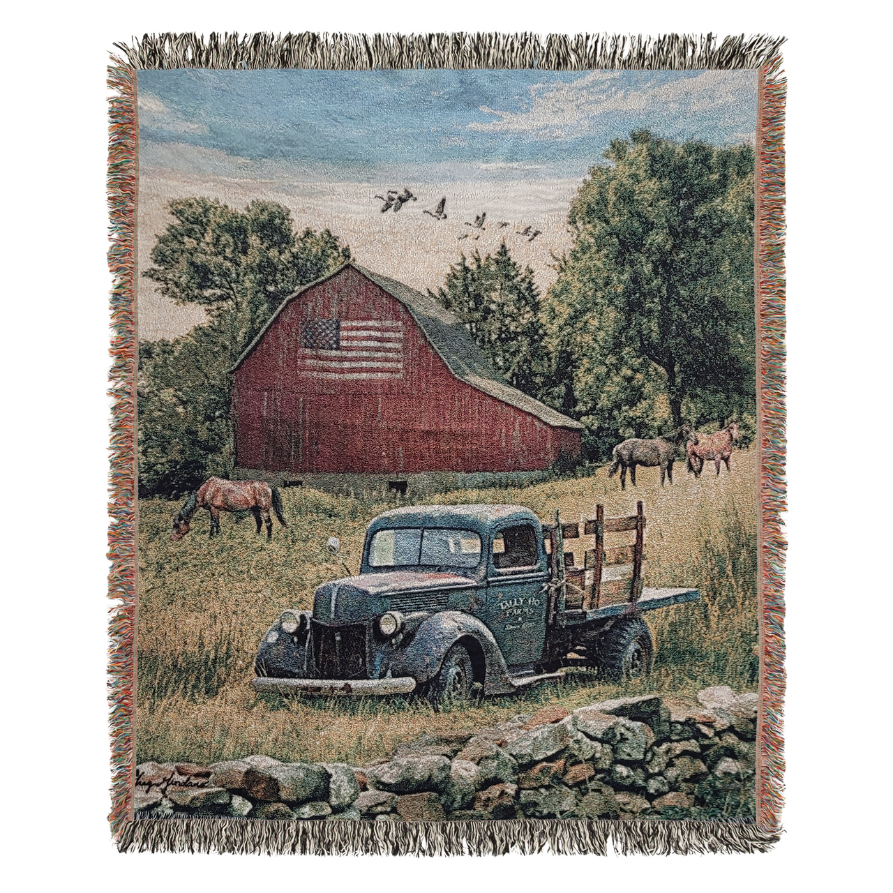 Truck, Barn and Horses Farm Scene 100% Cotton Woven Tapestry Blanket by Renowned Artist Greg Giordano