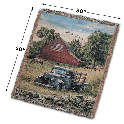 Truck, Barn and Horses Farm Scene 100% Cotton Woven Tapestry Blanket by Renowned Artist Greg Giordano
