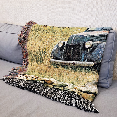 Truck, Barn and Horses Farm Scene 100% Cotton Woven Tapestry Blanket by Renowned Artist Greg Giordano