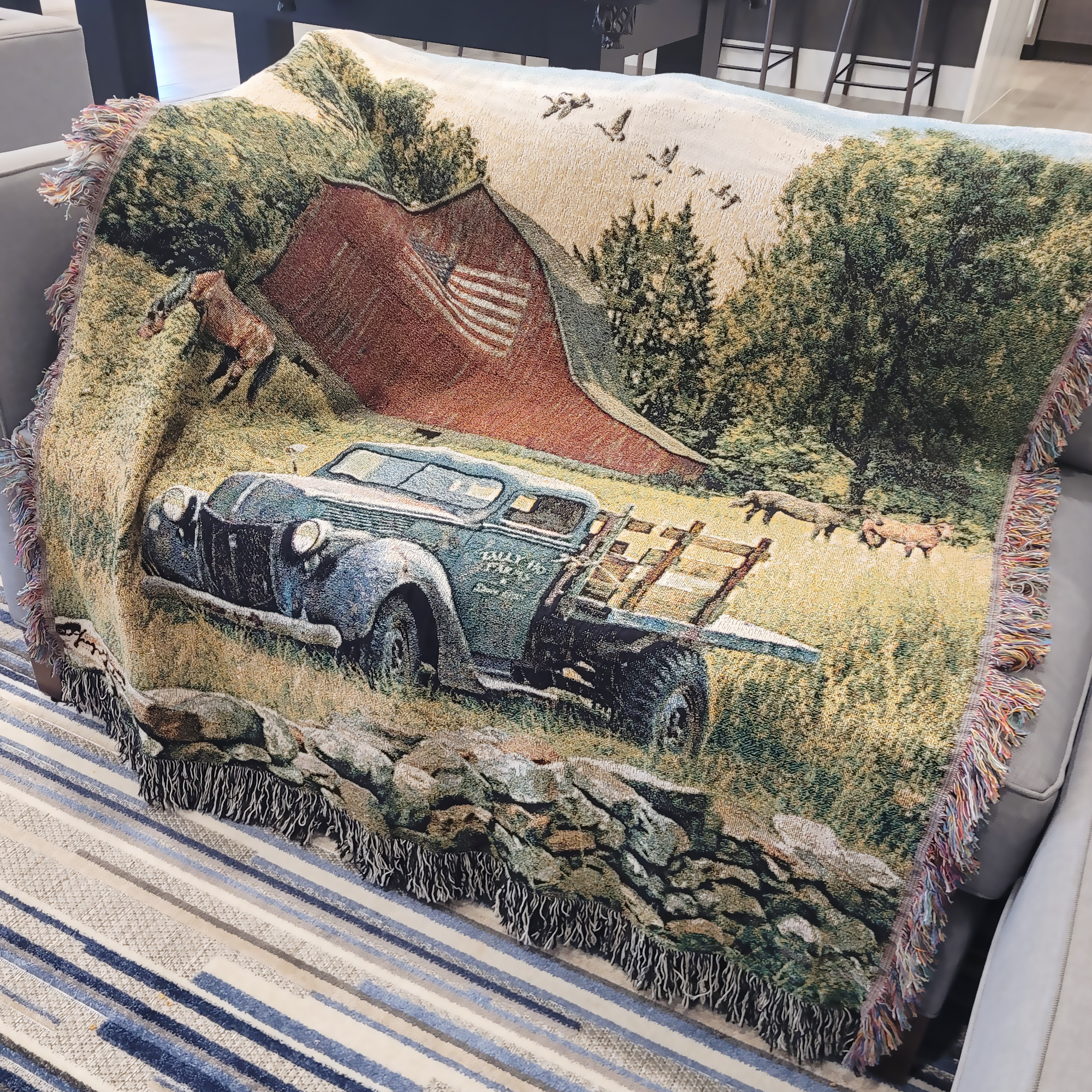 Truck, Barn and Horses Farm Scene 100% Cotton Woven Tapestry Blanket by Renowned Artist Greg Giordano