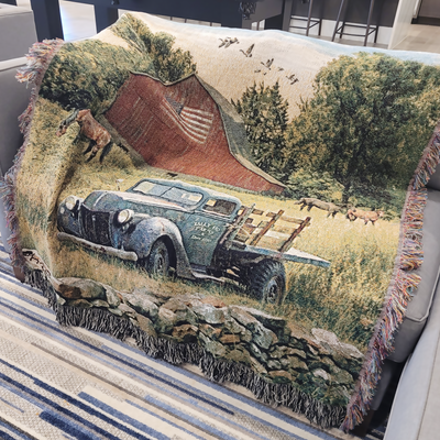 Truck, Barn and Horses Farm Scene 100% Cotton Woven Tapestry Blanket by Renowned Artist Greg Giordano