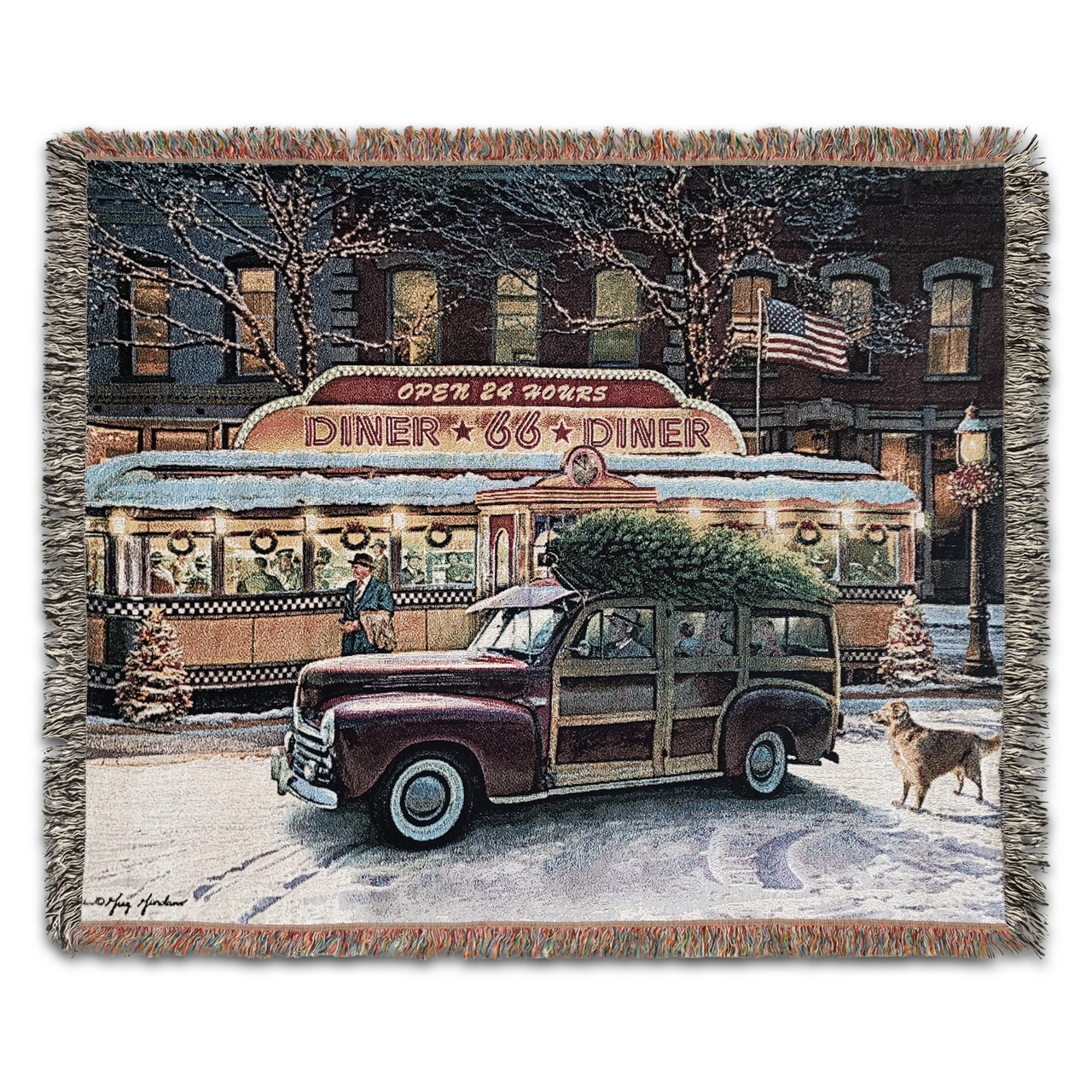 Christmas Route 66 Diner Scene 100% Cotton Woven Tapestry Blanket by Renowned Artist Greg Giordano