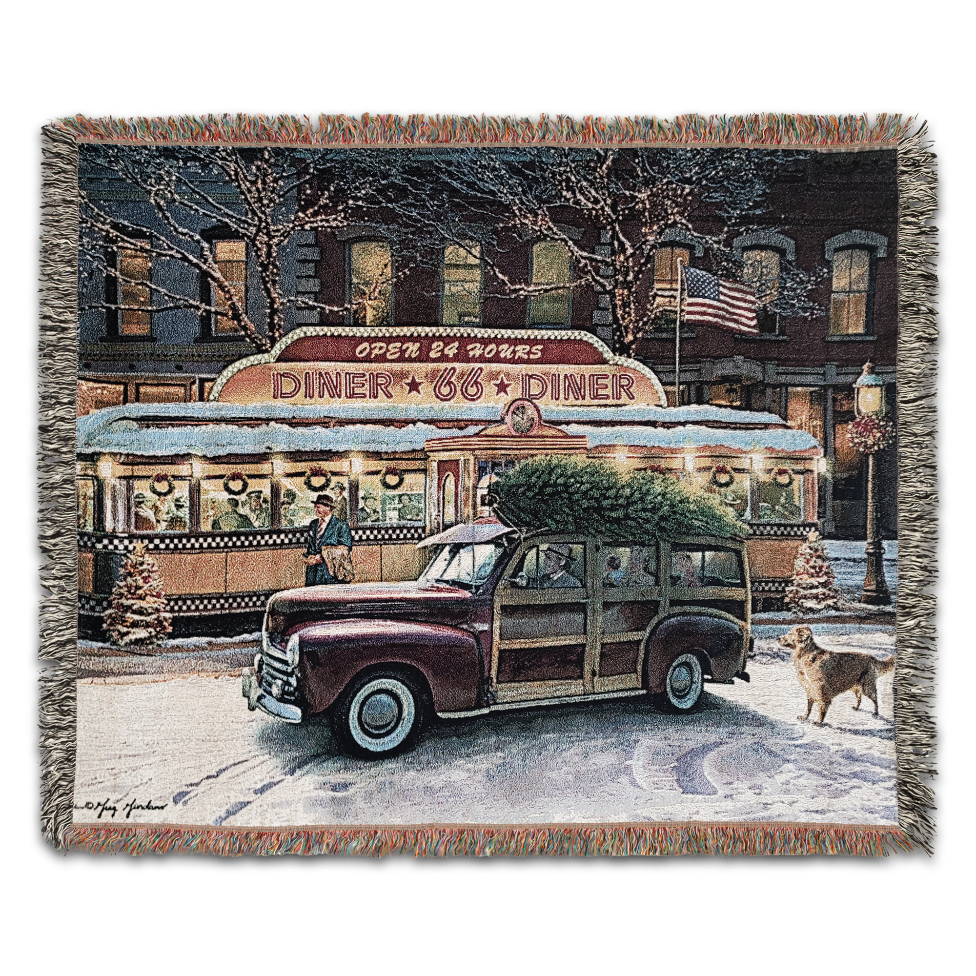 Christmas Route 66 Diner Scene 100% Cotton Woven Tapestry Blanket by Renowned Artist Greg Giordano
