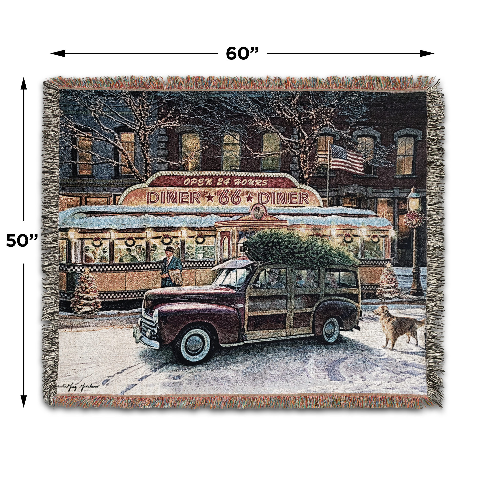 Christmas Route 66 Diner Scene 100% Cotton Woven Tapestry Blanket by Renowned Artist Greg Giordano