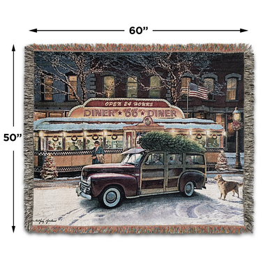 Christmas Route 66 Diner Scene 100% Cotton Woven Tapestry Blanket by Renowned Artist Greg Giordano