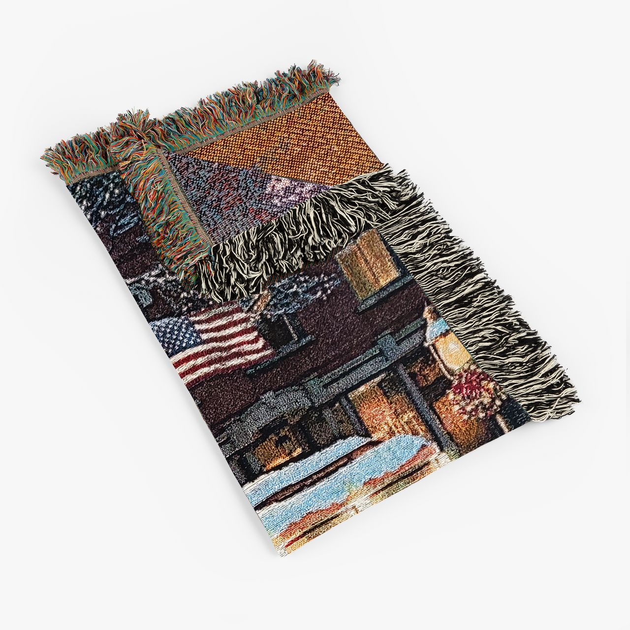 Christmas Route 66 Diner Scene 100% Cotton Woven Tapestry Blanket by Renowned Artist Greg Giordano