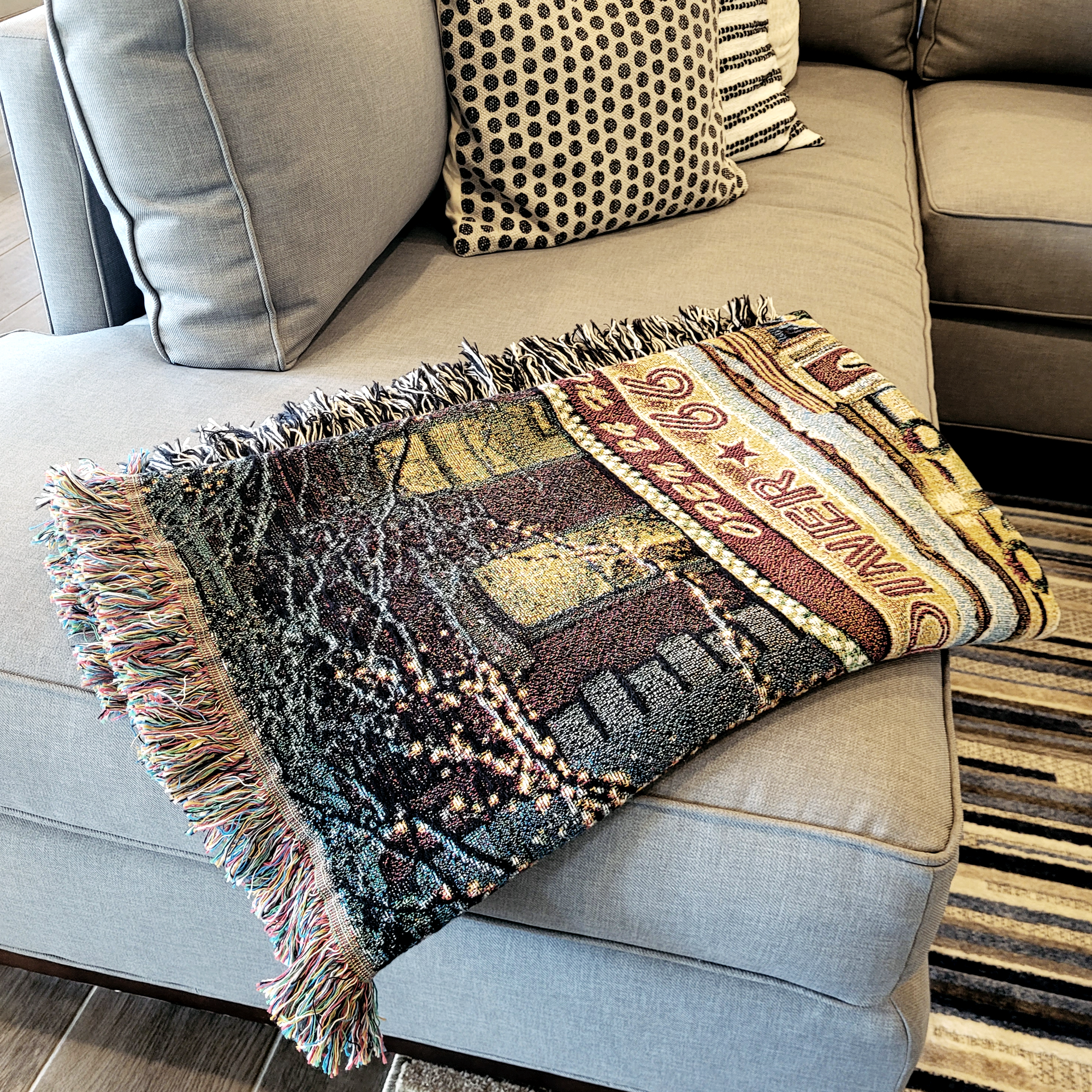 Christmas Route 66 Diner Scene 100% Cotton Woven Tapestry Blanket by Renowned Artist Greg Giordano