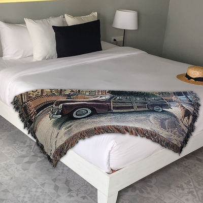 Christmas Route 66 Diner Scene 100% Cotton Woven Tapestry Blanket by Renowned Artist Greg Giordano