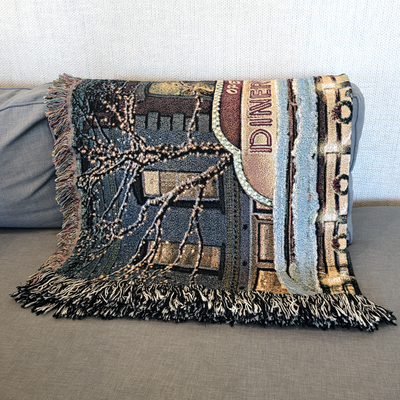 Christmas Route 66 Diner Scene 100% Cotton Woven Tapestry Blanket by Renowned Artist Greg Giordano