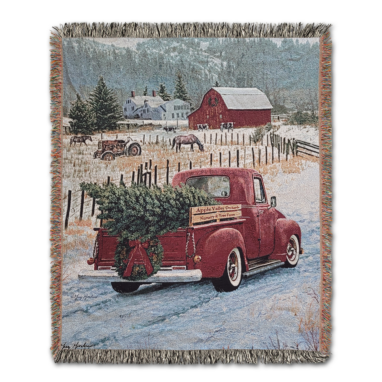 Christmas Tree and Truck Farm Scene 100% Cotton Woven Tapestry Blanket by Renowned Artist Greg Giordano